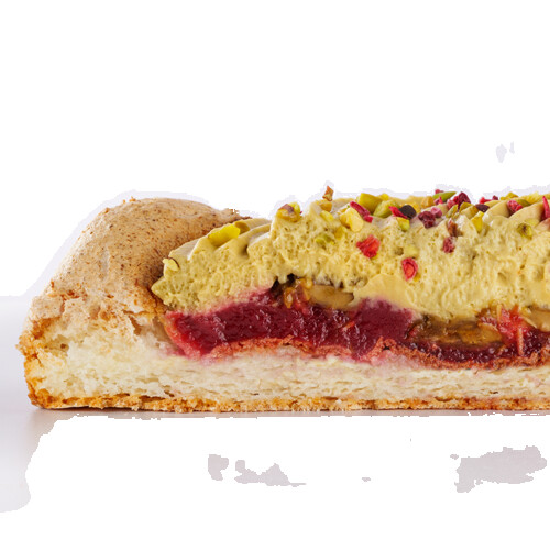 TAM Amandelbiscuit pistache framboos doorsnede